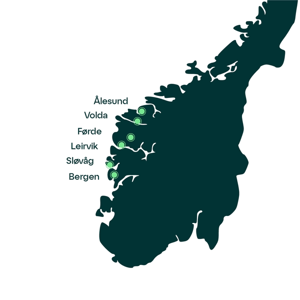 Illustrasjon: kart som viser Eviny Solutions sine lokasjoner på Vestlandet: Ålesund, Volda, Førde, Leirvik, Sløvåg og Bergen