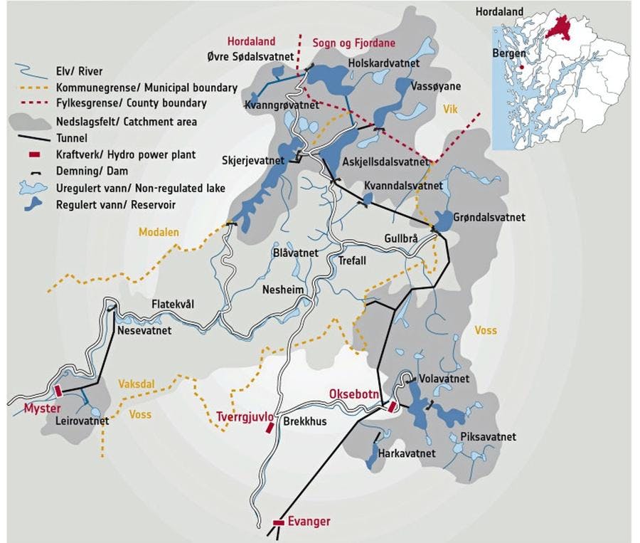 Illustrasjon: Oversiktskart over Eksingedals- og Teigdalsvassdraget
