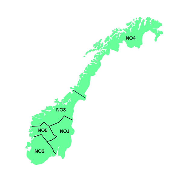 Kart over de ulike kraftsonene i Norge: NO1 (Øst-Norge), NO2 (Sør-Norge), NO3 (Midt-Norge), NO4 (Nord-Norge) og NO5 (Vest-Norge). Illustrasjon. 
